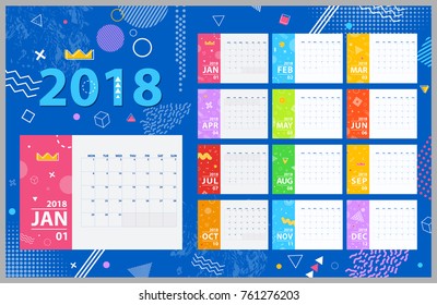 Template calendar 2018 in Memphis style. Vector of 2018 new year calendar in simple Memphis style colorfull,Holiday event planner,Week Starts monday. Calendar template, planner, 12 pages, vector eps10