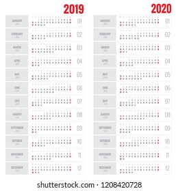 Template calendar 2019. Week Starts on Sunday. Set of 12 Months