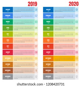 Template calendar 2019. Week Starts on Sunday. Set of 12 Months