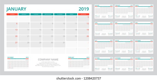 Template calendar 2019. Week Starts on Sunday. Set of 12 Months