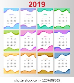 Template calendar 2019. Week Starts on Sunday. Set of 12 Months