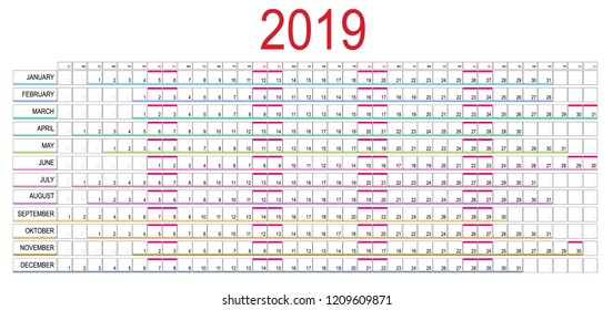 Template calendar 2019. Week Starts on Sunday. Set of 12 Months