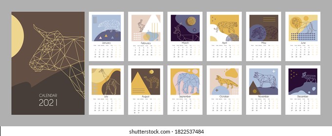 Template calendar 2021. Geometric design of the calendar with polygonal animals and design elements Memphis. Set of 12 months 2021. Corporate and business calendar template. Stoke vector illustration.