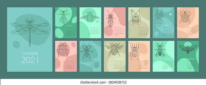 Template calendar 2021. Graphic design of the calendar with insects in the Low polygonal style. Set of 12 months 2021. The week begins on Sunday. Business calendar. Stoke vector illustration.