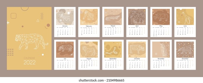 Template calendar 2022. Geometric design of the calendar with polygonal animals and design elements Memphis. Set of 12 months 2022. Corporate and business calendar template. Stoke vector illustration.