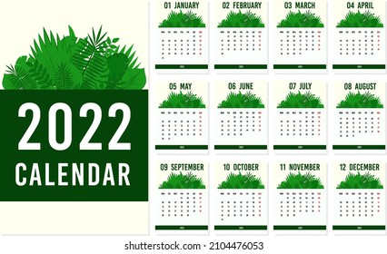 Template calendar 2022. 
Set of pages with leaves for 12 months. Monday week start, corporate design planner template. Wall monthly calendar for 2022. Bright design. Vector stock illustration.