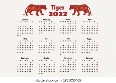 Template of calendar for 2022 year of the tiger.Week starts on Sunday. Vector.