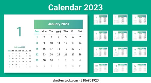 Template Of Calendar 2023. 2023 Desk Calendar With Minimal Design.green As Main Color. Week Start On Sunday. Sunday As Weekend.template Of 12 Page Monthly Calender.good For Schedule,planner,diary,etc.