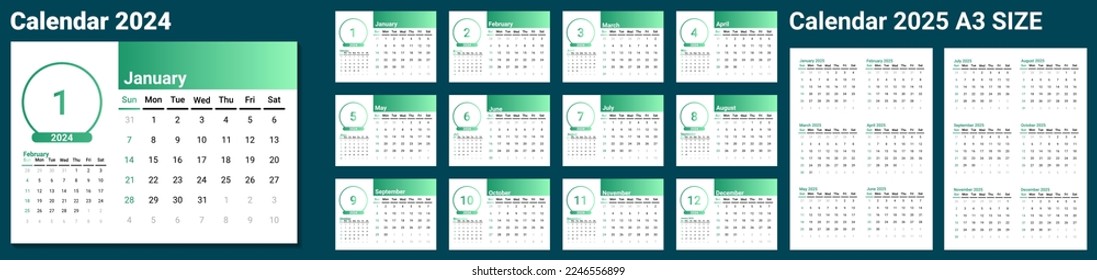 Template of calendar 2024 and calendar 2025. A5 Desk calendar 2024 with minimal design and green gradient color. 2 page A3 2025 wall calendar. Sunday as weekend.week start on Sunday. calender 2024 .