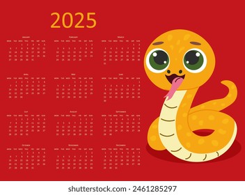 template Calendar 2025 new year. Week starts on Monday. Year of Snake. Vector illustration