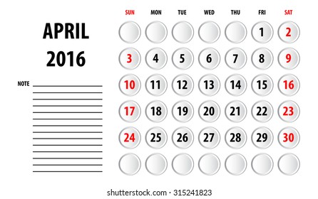 Template of calendar for April 2016