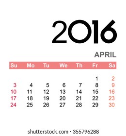 Template of calendar for APRIL 2016  