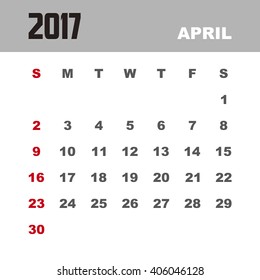 Template of calendar for APRIL 2017.
