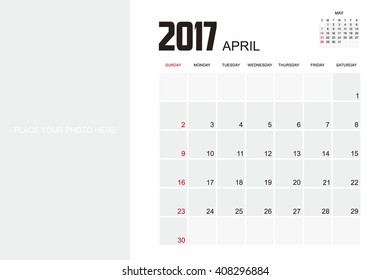 Template of calendar for APRIL 2017.