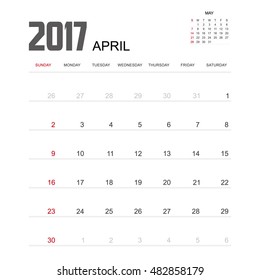 Template of calendar for APRIL 2017.