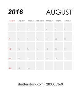 Template of calendar for August 2016
