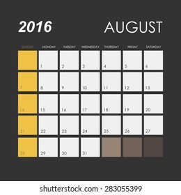 Template of calendar for August 2016

