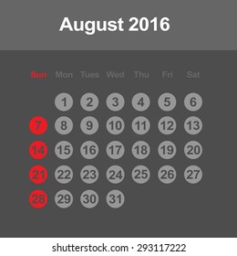 Template of calendar for August 2016
