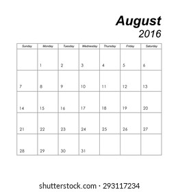 Template of calendar for August 2016
