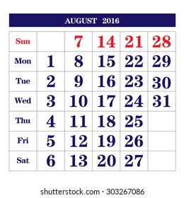 Template of calendar for August 2016
