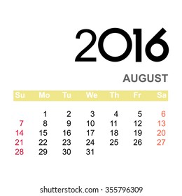 Template of calendar for AUGUST 2016  