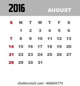 Template of calendar for AUGUST 2016.