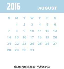 Template of calendar for AUGUST 2016.