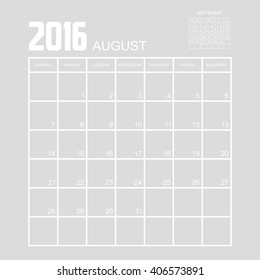 Template of calendar for AUGUST 2016.