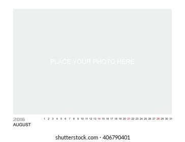 Template of calendar for AUGUST 2016.