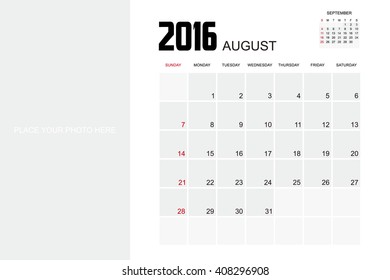 Template of calendar for AUGUST 2016.
