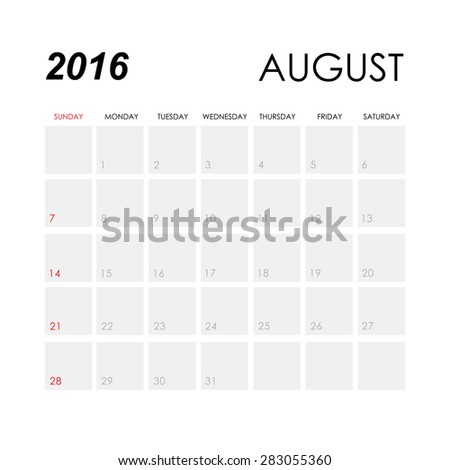 Template of calendar for August 2016
