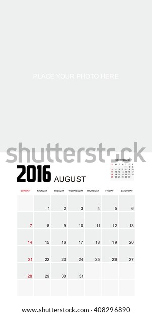 Template Calendar August 2016 Stock Vector Royalty Free 408296890