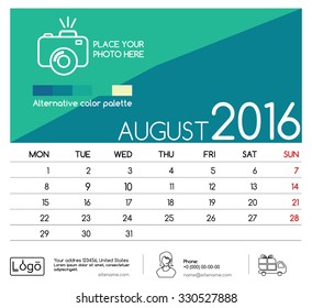 Template of calendar for August 2016. Week Starts Monday. Simple Vector Template