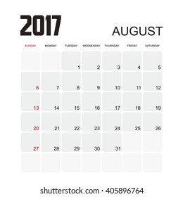 Template of calendar for AUGUST 2017.