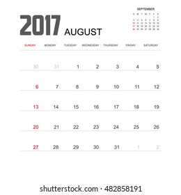 Template of calendar for AUGUST 2017.