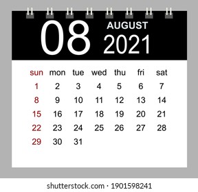 Template of calendar for August 2021. Week starts Sunday. Isolated vector illustration.