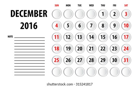 Template of calendar for December 2016