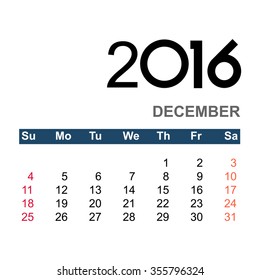 Template of calendar for DECEMBER 2016  