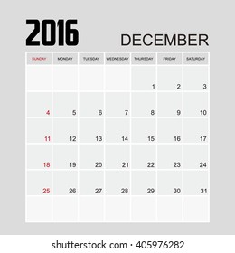 Template of calendar for DECEMBER 2016.