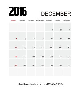 Template of calendar for DECEMBER 2016.