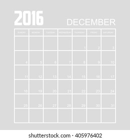 Template of calendar for DECEMBER 2016.