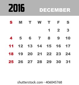 Template of calendar for DECEMBER 2016.