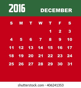 Template of calendar for DECEMBER 2016.