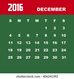 Template of calendar for DECEMBER 2016.