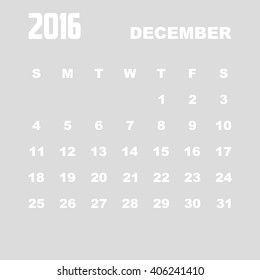 Template of calendar for DECEMBER 2016.