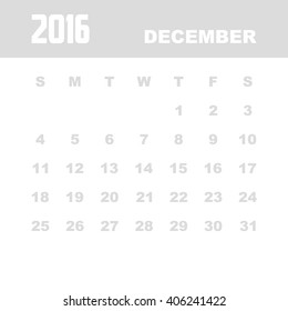 Template of calendar for DECEMBER 2016.