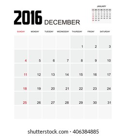 Template of calendar for DECEMBER 2016.