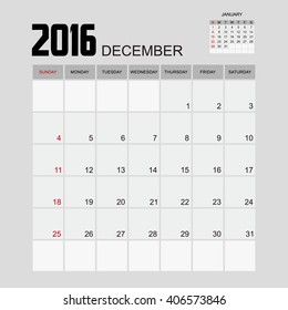 Template of calendar for DECEMBER 2016.