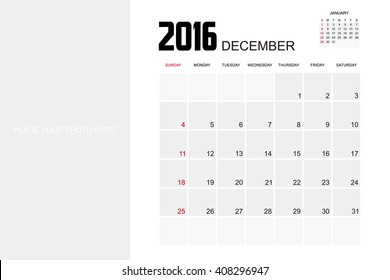 Template of calendar for DECEMBER 2016.