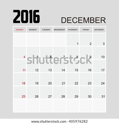 Template of calendar for DECEMBER 2016.
